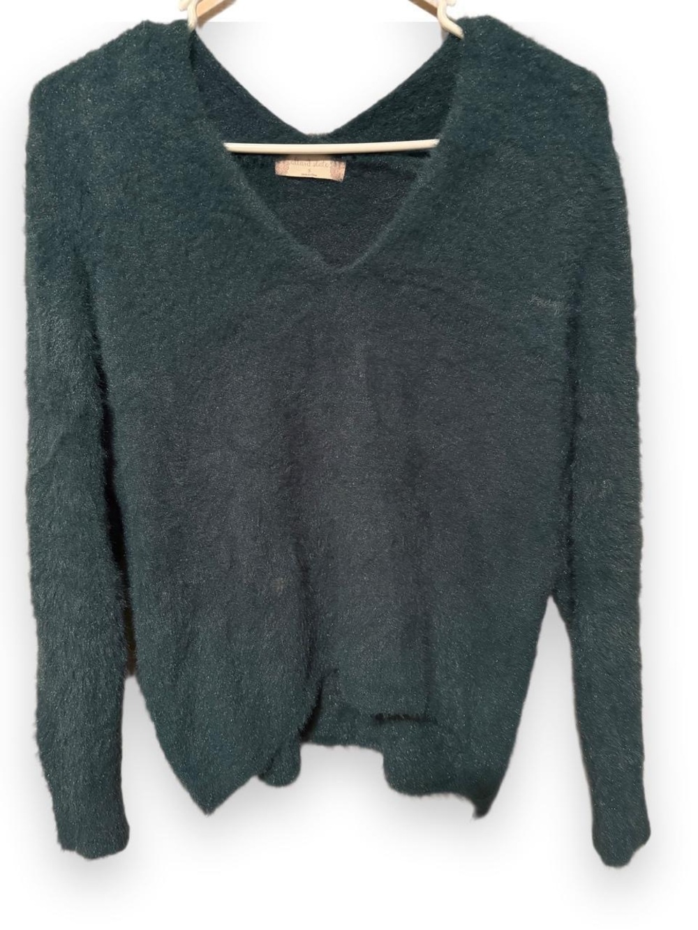 Altar'd State Fuzzy V-Neck Sweater in Dark Green